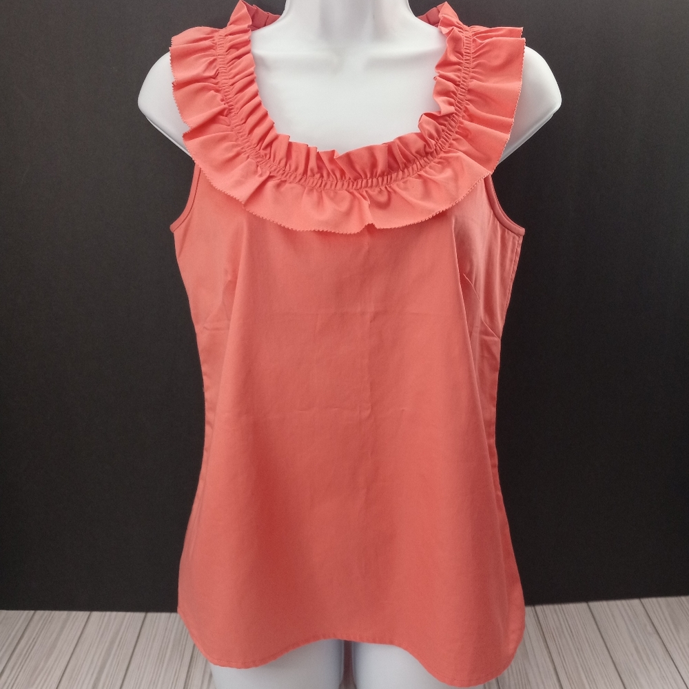 J. Crew Ruffle Neck Trim Cotton Coral Sleeveless Top
